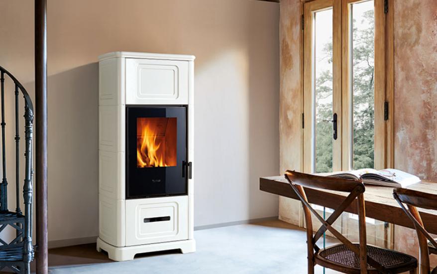 Wood Stove E928 C in Majolica, Wall - Corner A+ - Piazzetta